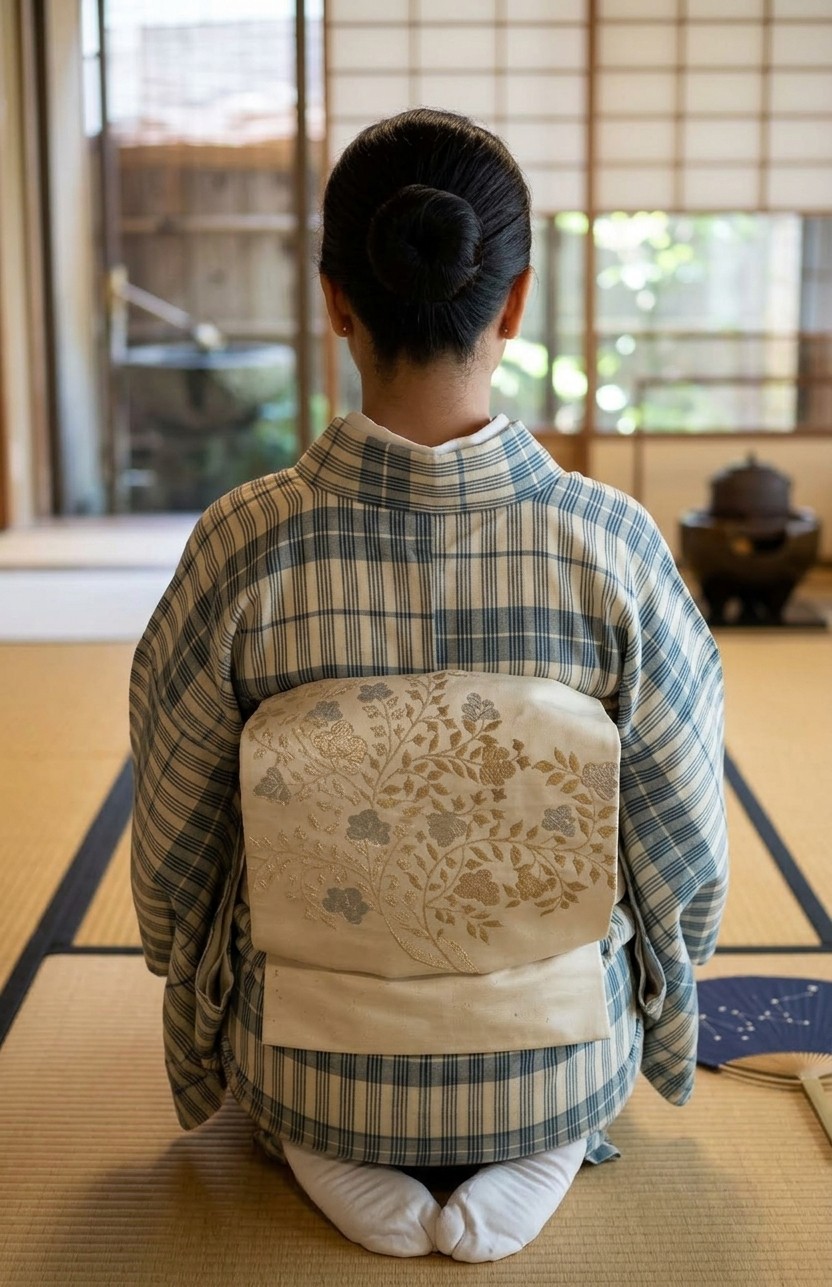 チェック柄の夏着物に花唐草の帯で、窓辺の茶室に正座する後ろ姿