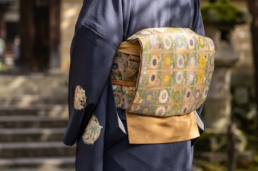 付下げに菊の紋織の帯を締めた後ろ姿